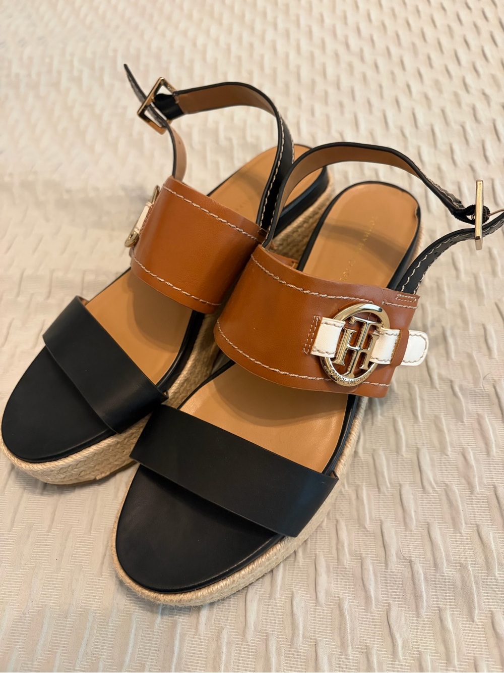 Tommy Hilfiger Black and Brown Espadrille Strap Sandals with Gold Detail